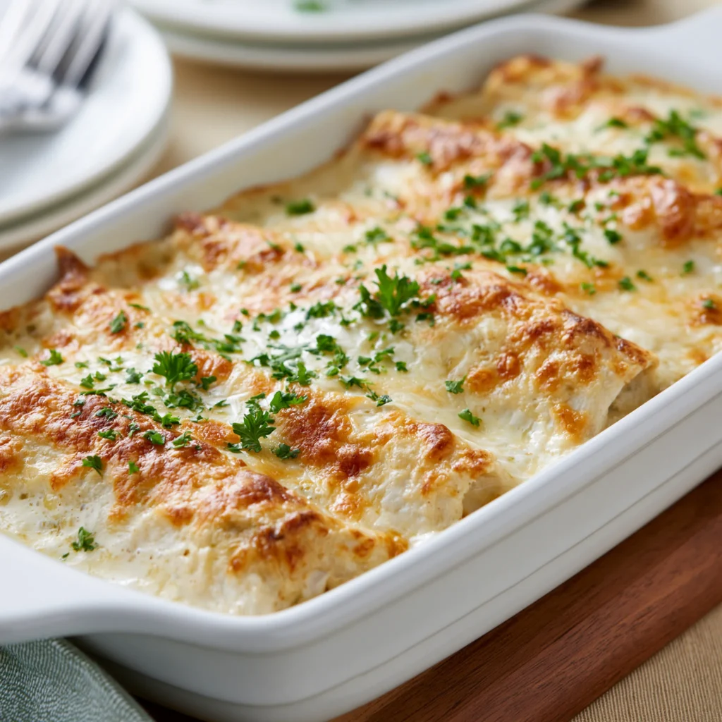 Creamy Green Chili Chicken Enchiladas with Sour Cream Sauce