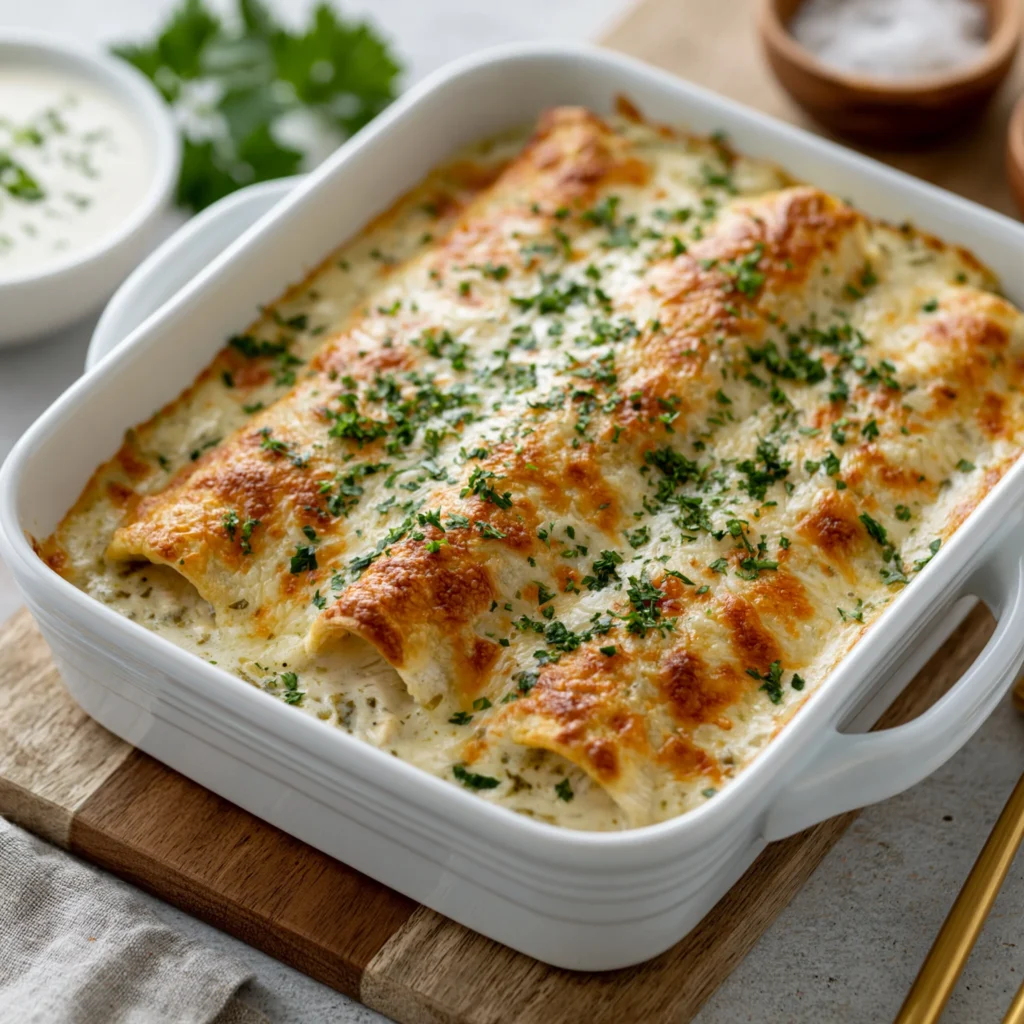 Creamy Green Chili Chicken Enchiladas with Sour Cream Sauce