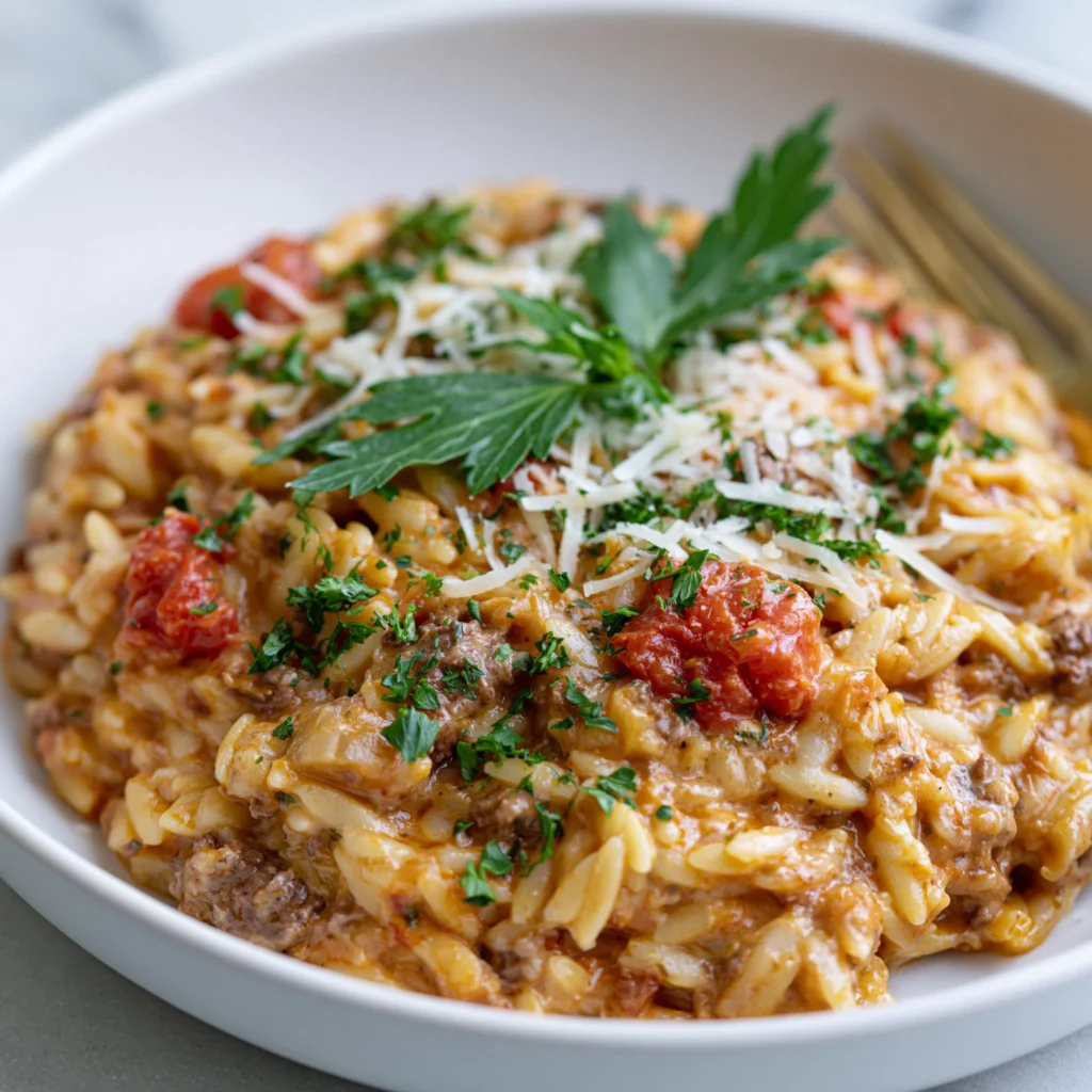 Ground Beef Orzo with Tomato Cream Sauce