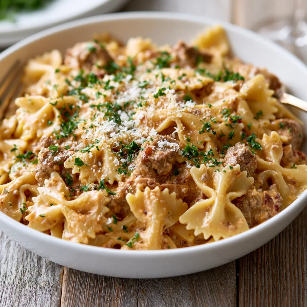 creamy beef and bowtie pasta