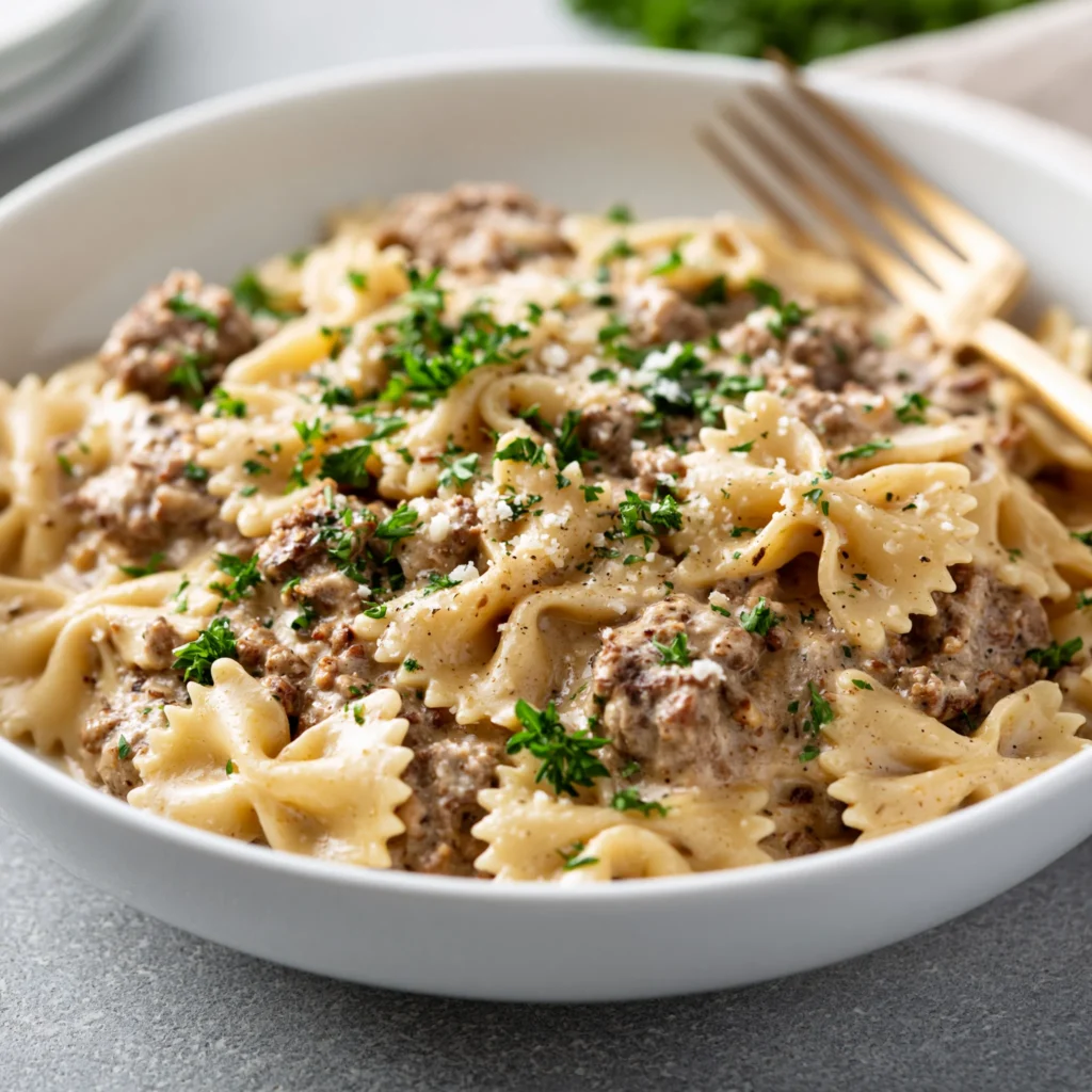 creamy beef and bowtie pasta
