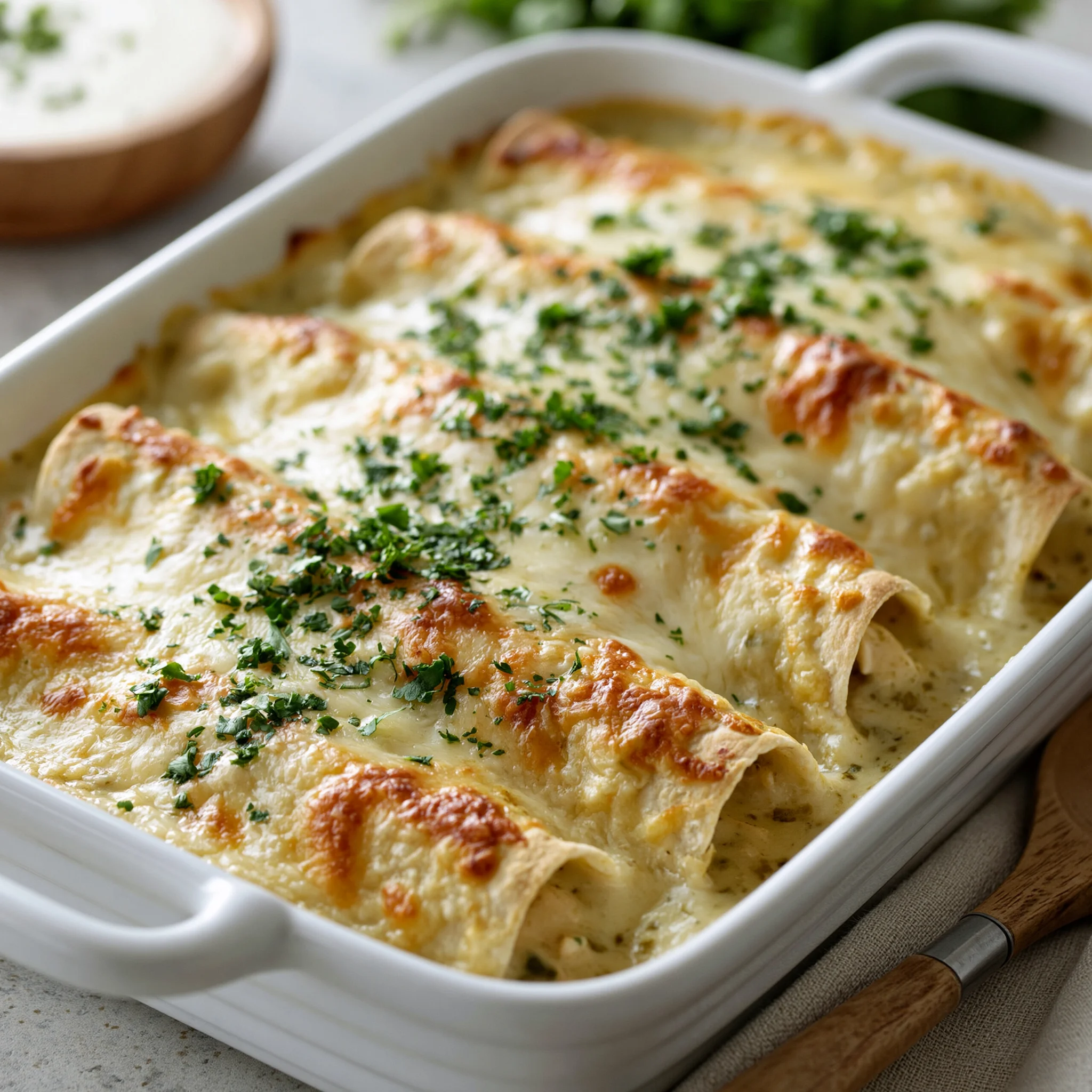 Creamy Green Chili Chicken Enchiladas with Sour Cream Sauce