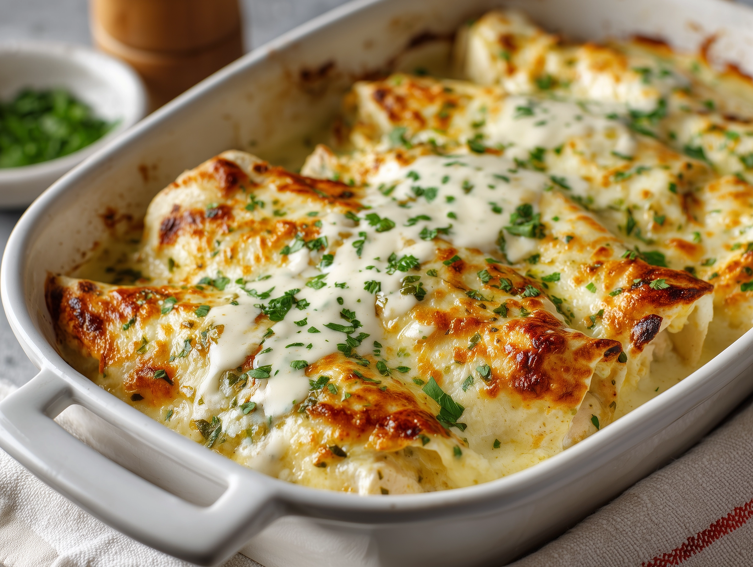 Creamy Green Chili Chicken Enchiladas with Sour Cream Sauce