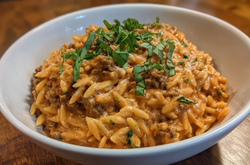 Creamy Ground Beef Orzo with Tomato Cream Sauce