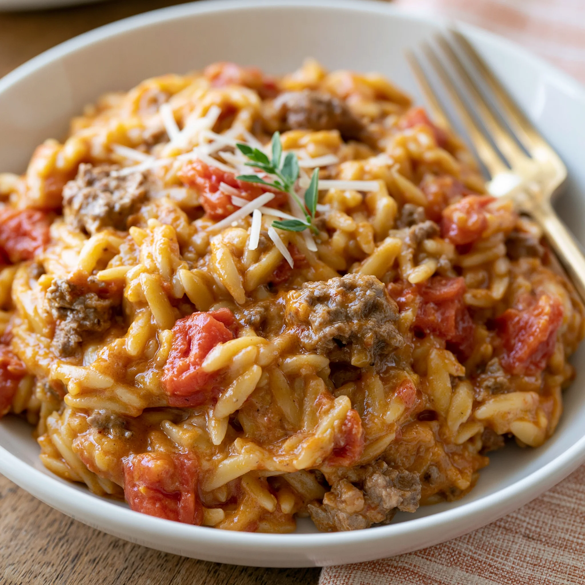 Ground Beef Orzo with Tomato Cream Sauce
