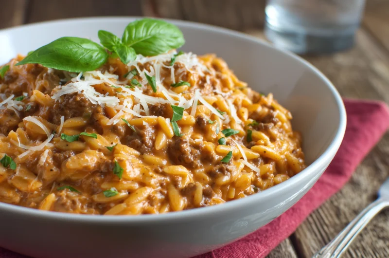 Creamy Ground Beef Orzo with Tomato Cream Sauce