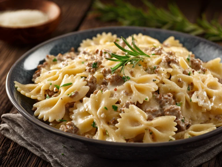 creamy beef and bowtie pasta.