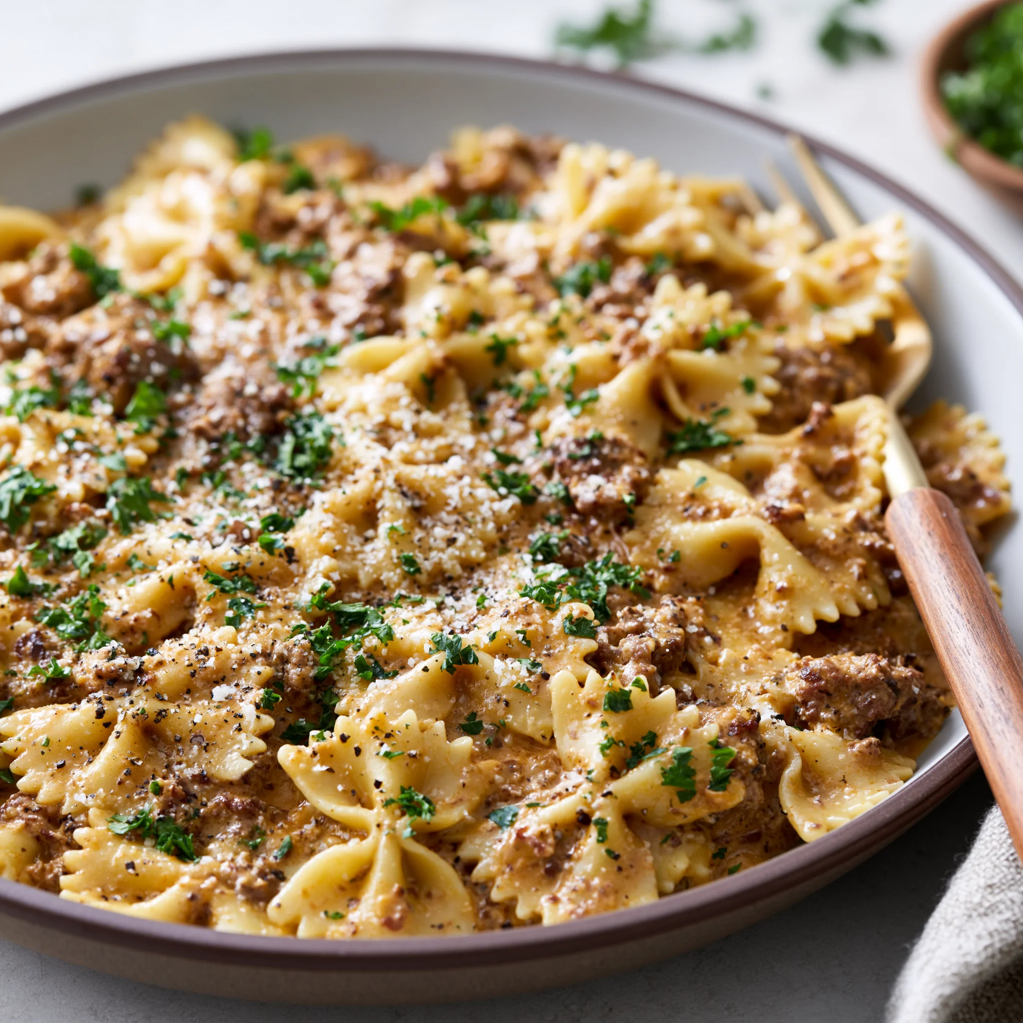 creamy beef and bowtie pasta