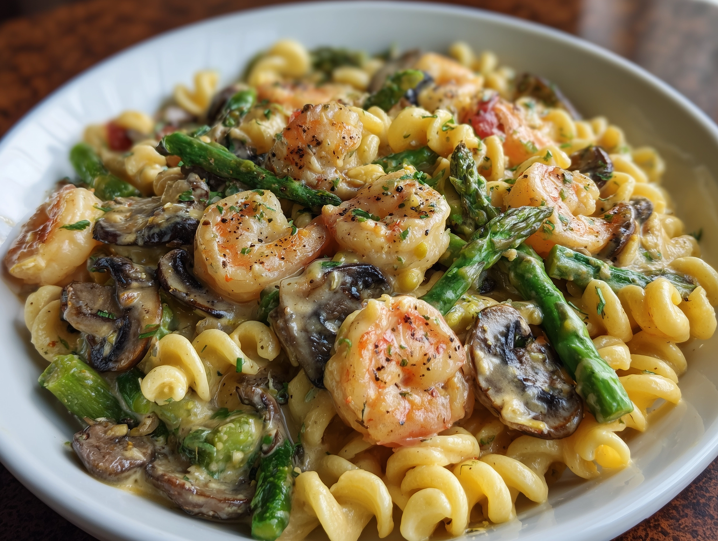 Creamy Shrimp Asparagus Mushroom Pasta Recipe