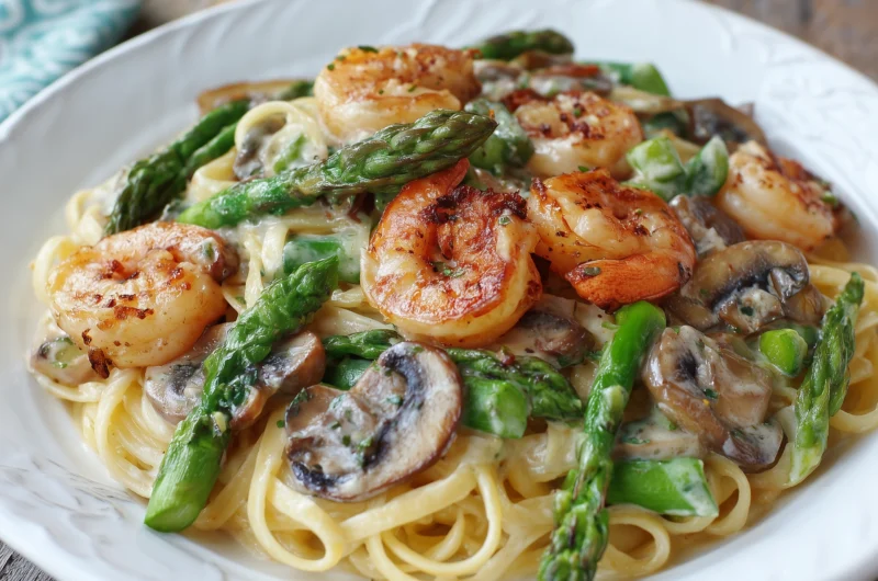 Creamy Shrimp Asparagus Mushroom Pasta Recipe